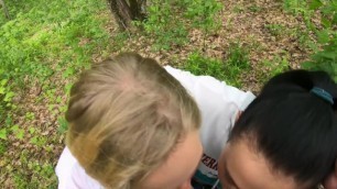 Two Girlfriends Suck Cock in the Woods - Threesome Outdoor Blowjob - Public Pov