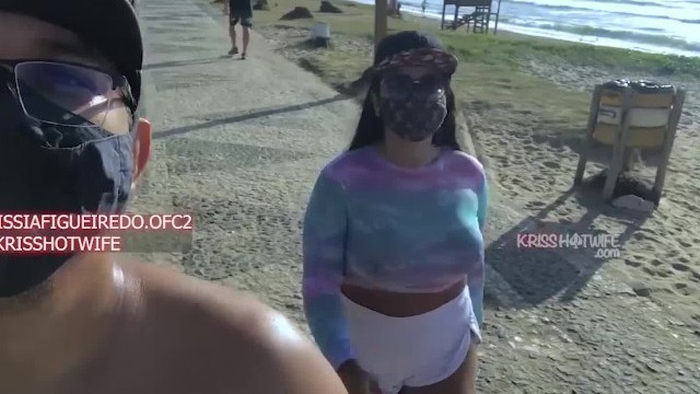 Kriss Hotwife With Transparent Top Without Bra Taking a Morning Walk on the Beach