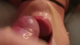 Milf shows off her deepthroat skills lying on her back