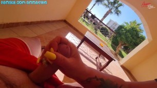 Stepmom Jerked off right on the Terrace and was Awarded with a Creampie